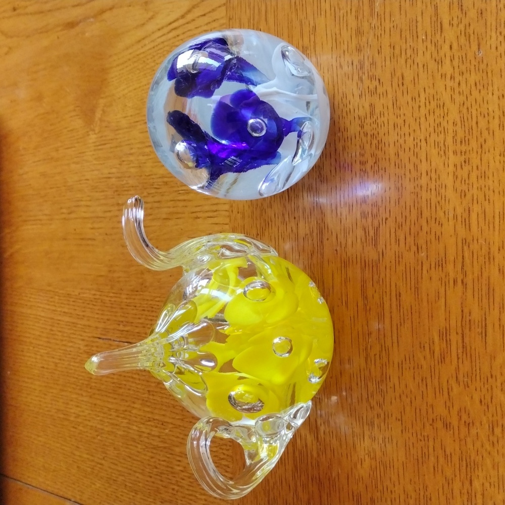 St Clair Paperweights Maude and Bob Teapot 1978 and Cobalt Blue Trumpet Flower